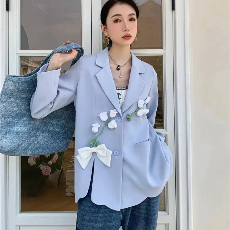 

DAYIFUN Literature and Art Blue Floral Patch Blazer Women Elegant Casual Coats Autumn Stylish Design Jackets Fashion Clothing