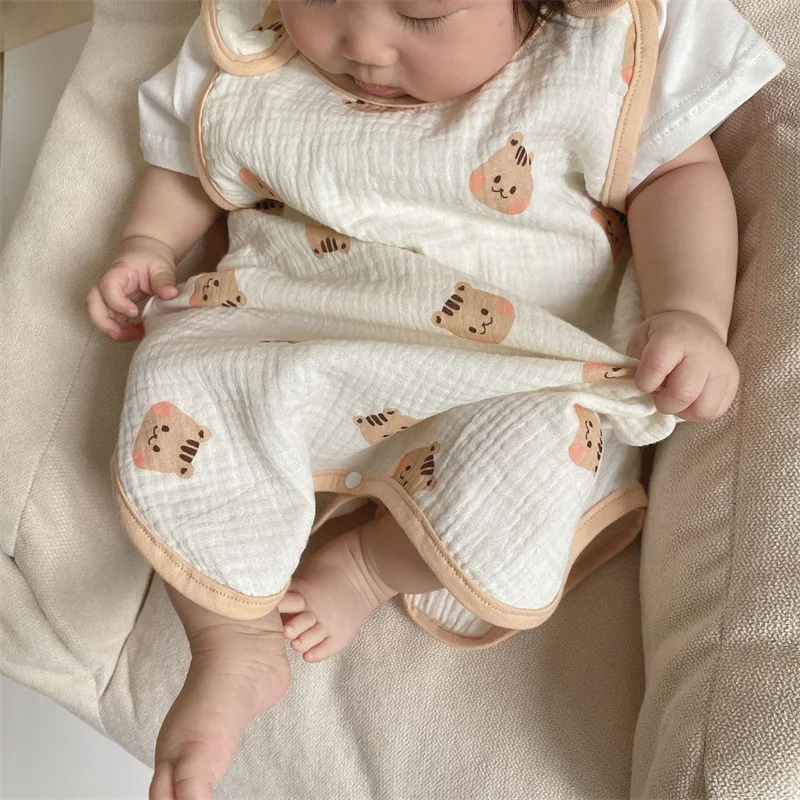 Kids Pajamas Spring Summer Thin Newborn Baby Crawling Suit Pure Cotton Gauze Sleeping Robe Sleeveless Vest Anti Kick Quilts