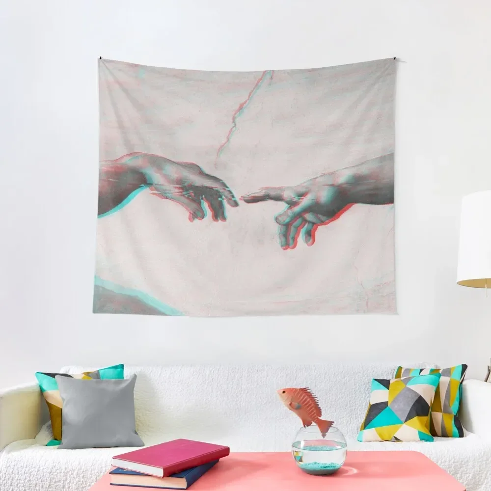 

The Creation of Adam in GLITCH - Wall Tapestries Sistine Chapel near-touching hands of God and Adam Red Colorized Tapestry