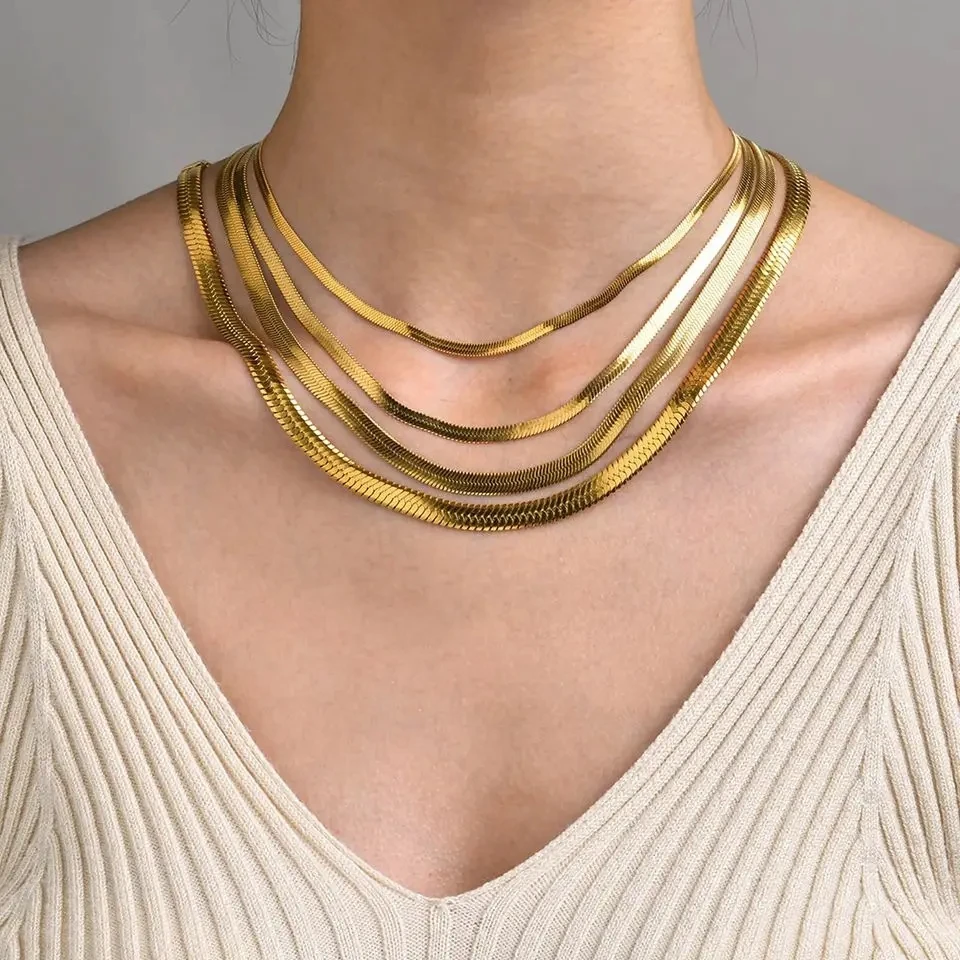 Edelstahl Flache Schlangenkette Halskette für Männer und Frauen 18K Vergoldete Fischgrätmuster Choker Trendiger Punk-Schmuck Geschenk – Detail 9