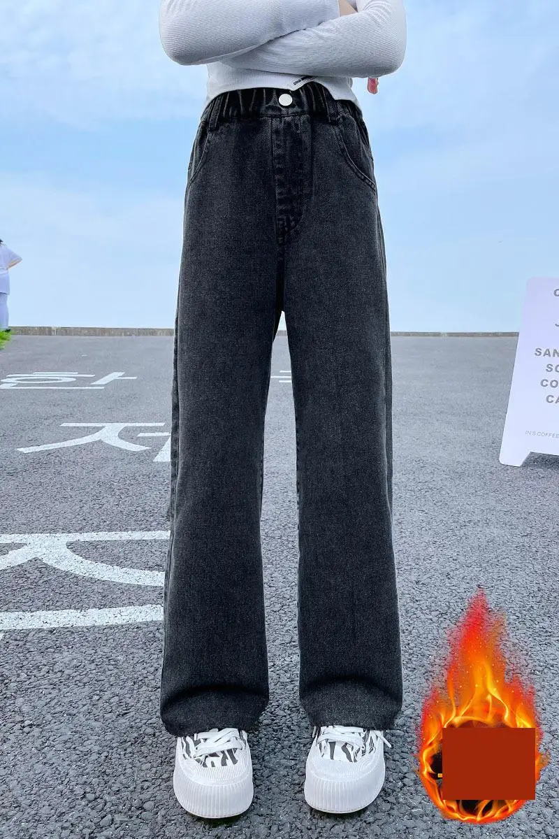 2026 نمط فضفاض غير رسمي للمراهقات جينز سميك للخريف والشتاء مستقيم واسع الساق من قماش الدنيم بنطلون جينز دافئ للأطفال