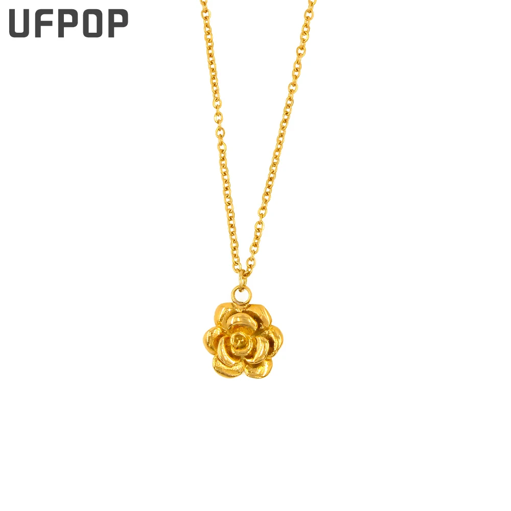 

Waterproof Pretty Fashion Rose Flower Pendant Women Bohemian Stainless Steel O Chain Pendant Necklace Romantic Jewelry Gift