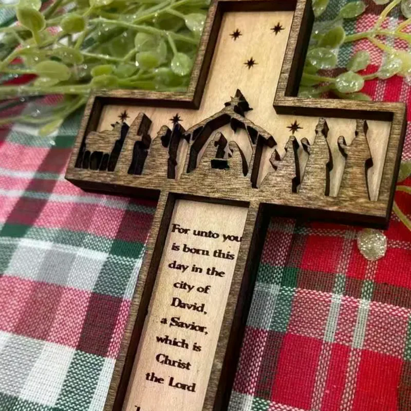 1pc 3D Nativity Scene Wooden Cross Ornament, Handmade Christmas Tree Decoration, Home And Religious Decoration