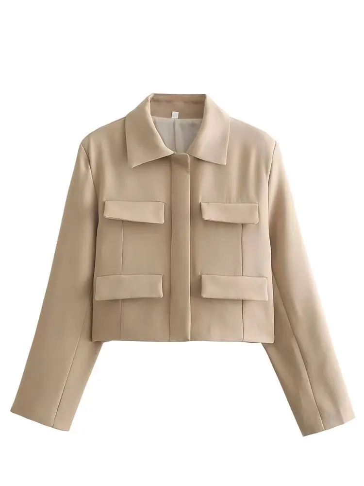 HH Spring Jacket For Women Slim Cropped Coat Elegant Solid Long Sleeve Jacket Front Flap Pocket Outerwear Fashion Streetwear