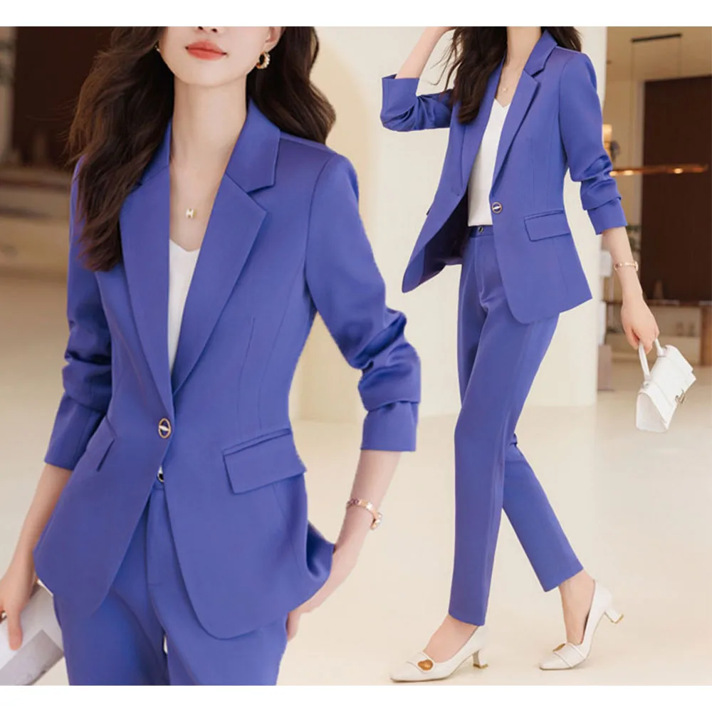 Tesco Elegant Women's Suit 2 Piece Solid Blazer And Pants Single Button Slim Fit Jacket Formal Suit For Female conjunto feminino