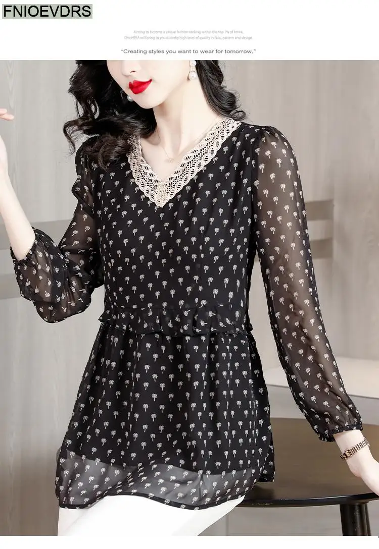 M-5XL 2023 Women European Style Office Lady Long Shirt Patchwork Lace Floral Print Ruffle Belly Black Tunic Peplum Top Blouse