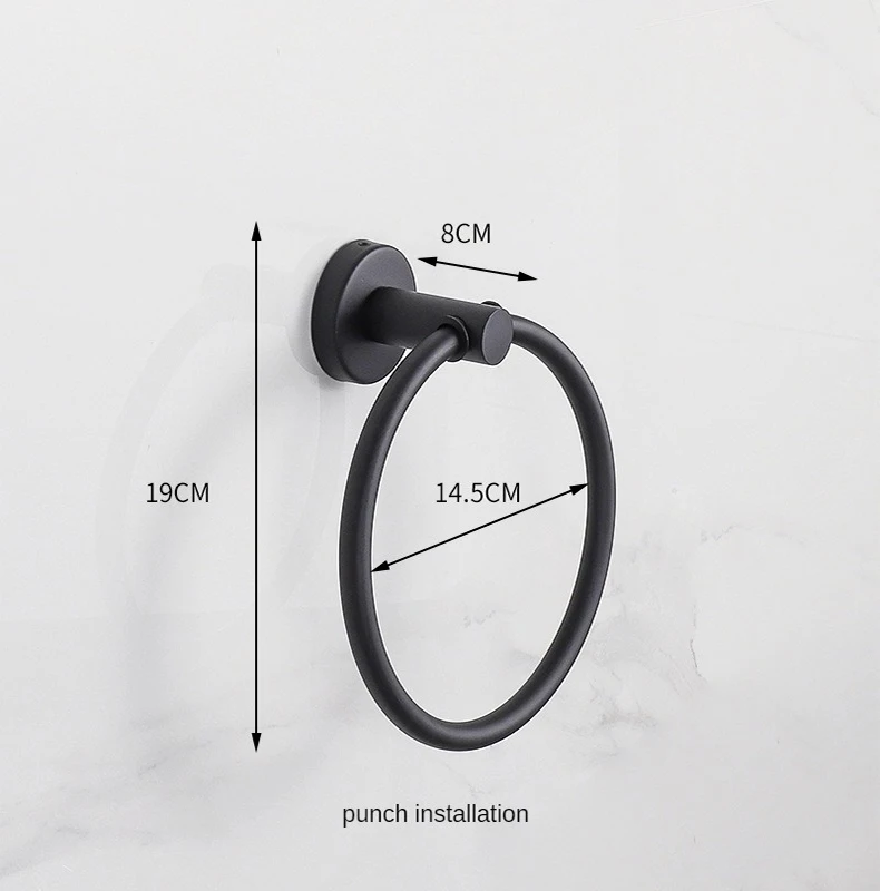 Description Picture 5 of itemTowel Ring Bathroom Kitchen Accessories Wall Mount Towel Holder Matte Black Stainless Steel Rack Round Washroom Hanging Shelves