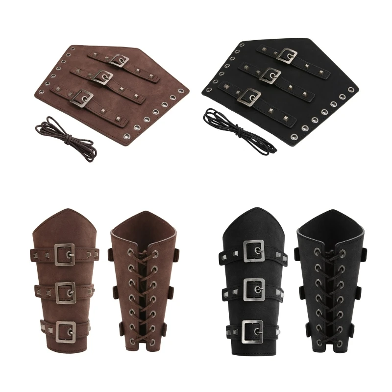 Cosplay Props Vintage PU Wide Bracers Tie Arm Cuffs Adjustable Width Medieval Wristband Adult Cycling Wristband