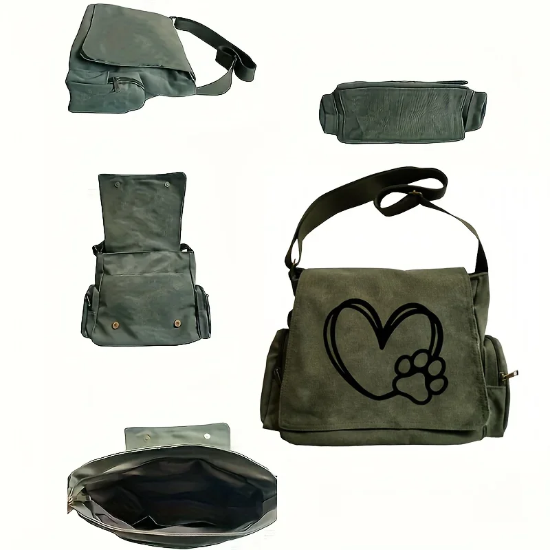 Heart & Paw Print Spacious Tote Purse Women's Large Capacity Crossbody Bag Vintage Canvas Book Bag For Student