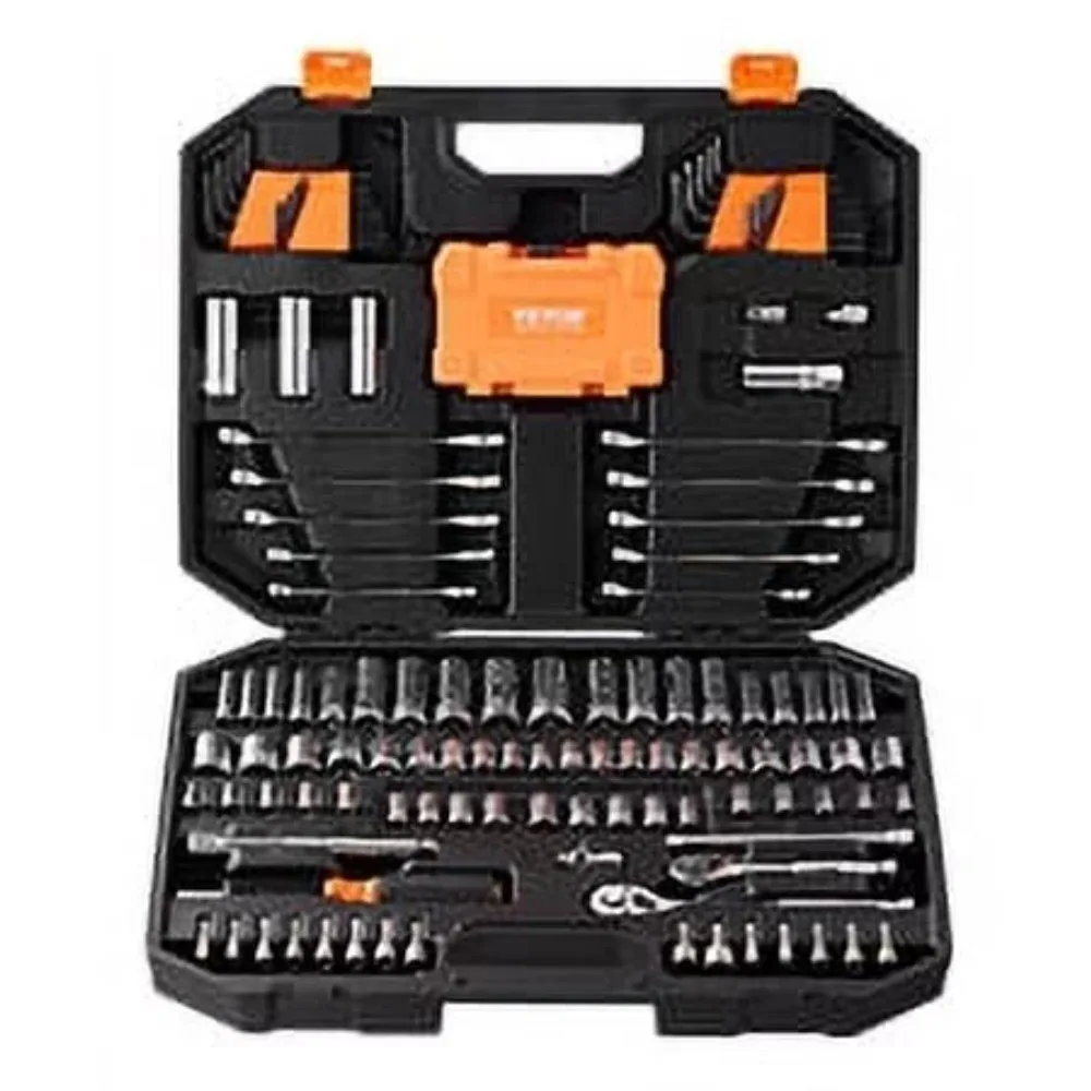 

Mechanics Tool Set and Socket Set, 1/4" and 3/8" Drive Deep & Standard Sockets, 145 Piece SAE and Metric Mechanic Tool Kit