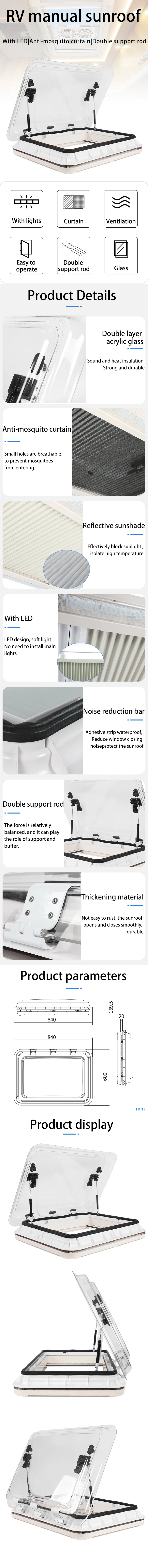 Description Picture 6 of item700 * 500 Camper Top Rv Car Roof Window with Led Light Pleated Curtain and Flying Screen Acrylic Glass