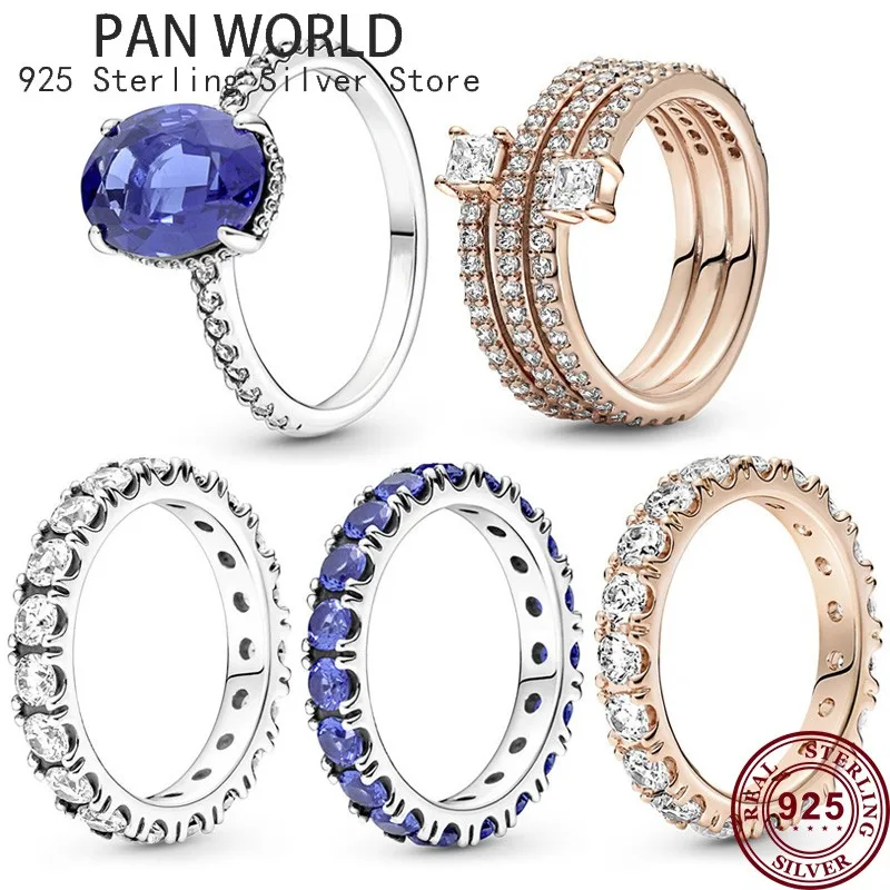 New 925 Sterling Silver Forever Shines In Rows Of Gemstones Three Ring Spiral Women Pan Haoshi Ring Wedding Gift Charm Jewelry 10pcs lot quality silver polishing cloths polish shines gold copper jewelry cleaner anti tarnish impressed individually packed