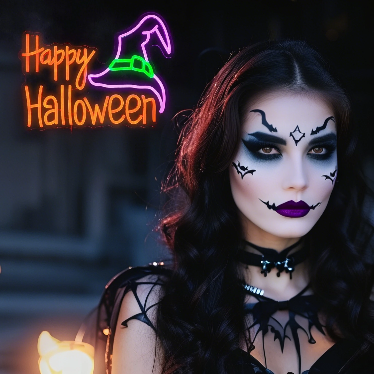 Happy Halloween Neon Sign - 16.5x12.6 Inch LED Purple Green Hat Wall Decor With Dimmable USB Power