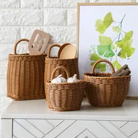 Wall Mounted Storage Basket Fruit Sundries Basket Simulated Rattan Decorative Hanging Basket Flower Pot with Handle Home Decor 2