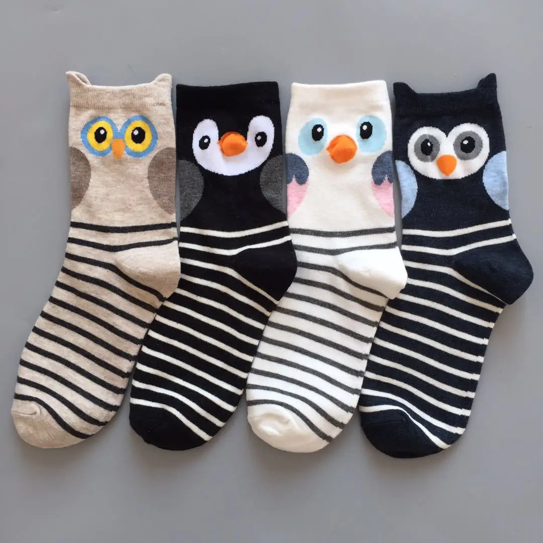 

4 Pairs Harajuku Kawaii Cute Cartoon Women Socks Pinstripe Owl Casual Socks Stereo Ears Mouth Socks for Women