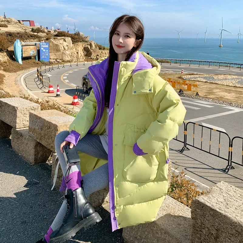 Macaron Color Down Jackets Hooded Women Husky Ladies Coats Mid-length 2023 Plus Size White Duck Loose Cargo Black Green Parkas