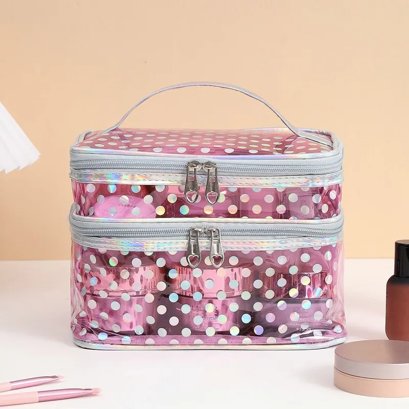 Travel Cosmetic Polka Dot Double Layers Makeup Toiletry Organizer Storage Bag