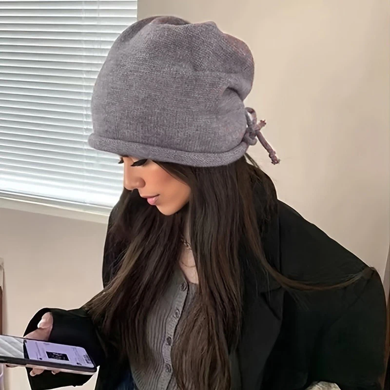 Fashion Drawstring Baggy Slouchy Beanie Bonnet For Women Solid Color Casual Knitted Woolen Skullies Caps