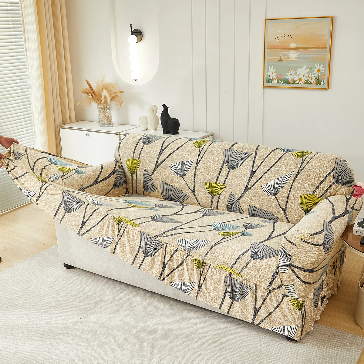 1pc Printed Skirt Sofa Cover, elastic, anti-slip. Simple, modern, all-season, dust & cat-proof. Retractable, washable, durable.