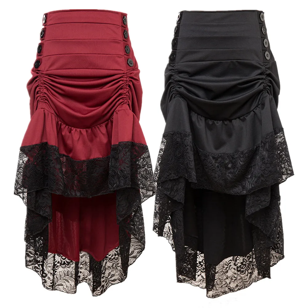 

Women Sexy Vintage Steampunk Irregular Ruffled Lace Trim Long Skirts Match Corset Skirt Showgirl Party Skirts
