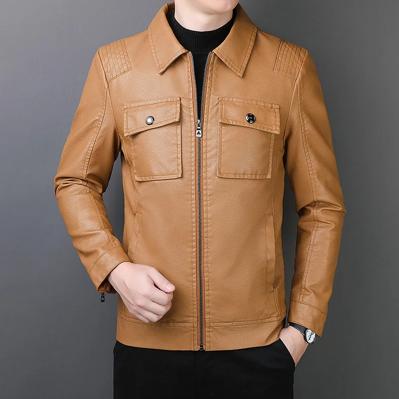 

Мужская Осенняя новая приталенная модная красивая универсальная куртка из искусственной кожи с отложным воротником 2024