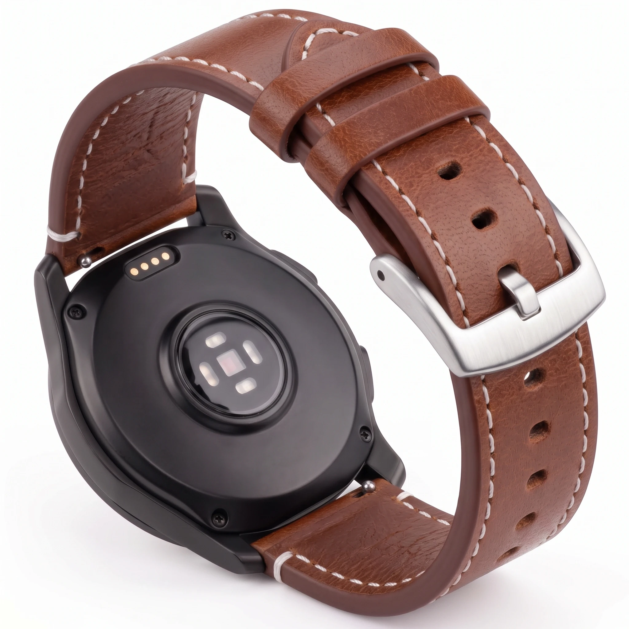Vintage Dark Brown Leather Watch Band with White Stitching and Quick Release