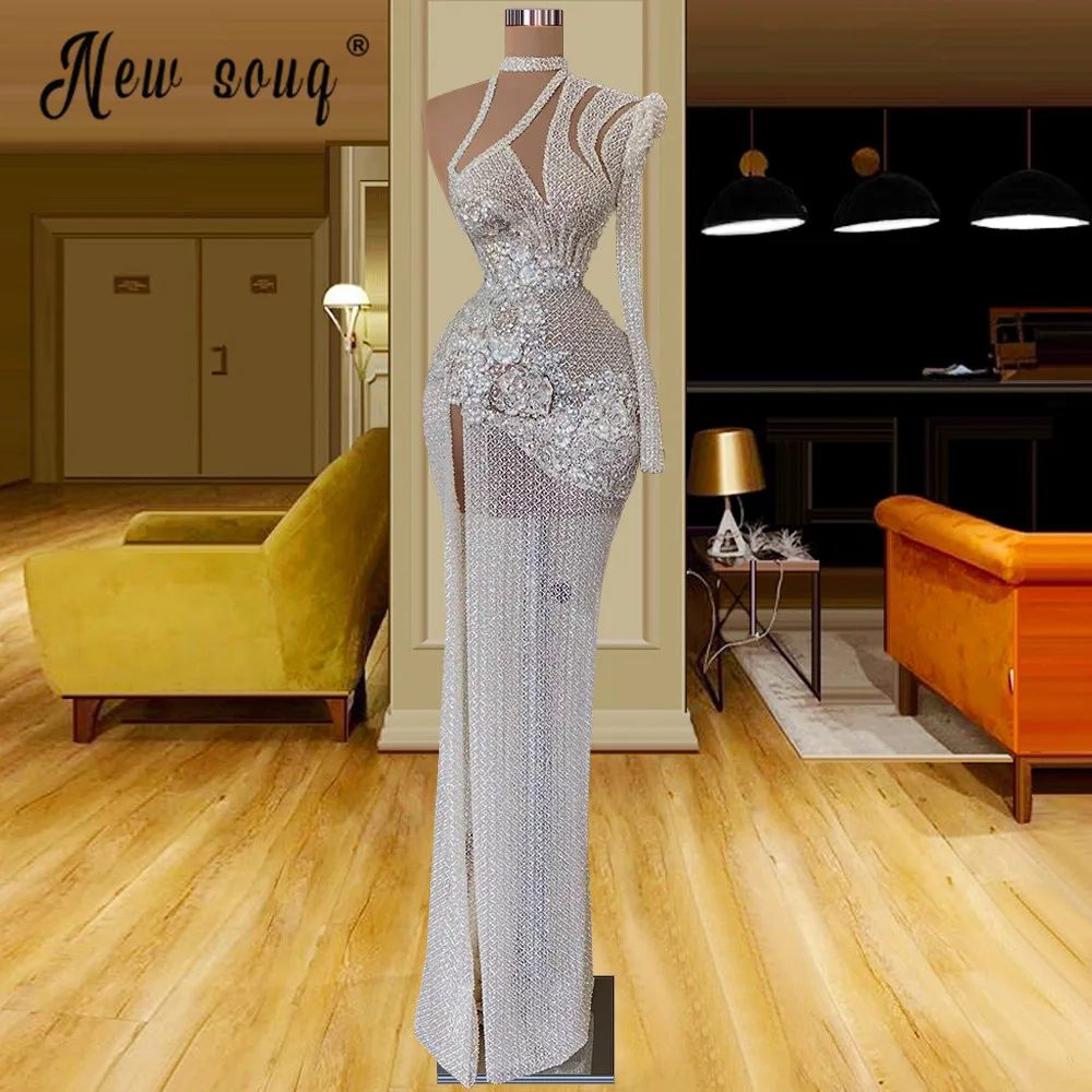 

Luxury Crystals High Split Evening Dress Hollow Out Long Prom Gowns Beaded Sequin Formal Party Dress For Weddings Arabic Custom