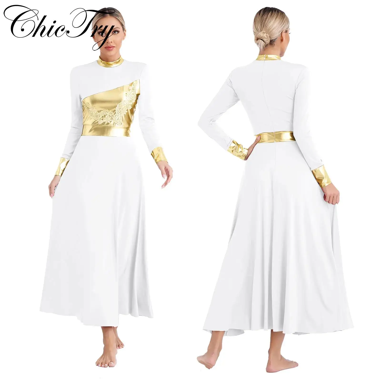 

Womens Liturgical Worship Praise Lyrical Dance Dress Metallic Long Sleeve Gown Church Choir Stage Performance Ballet Dancewear