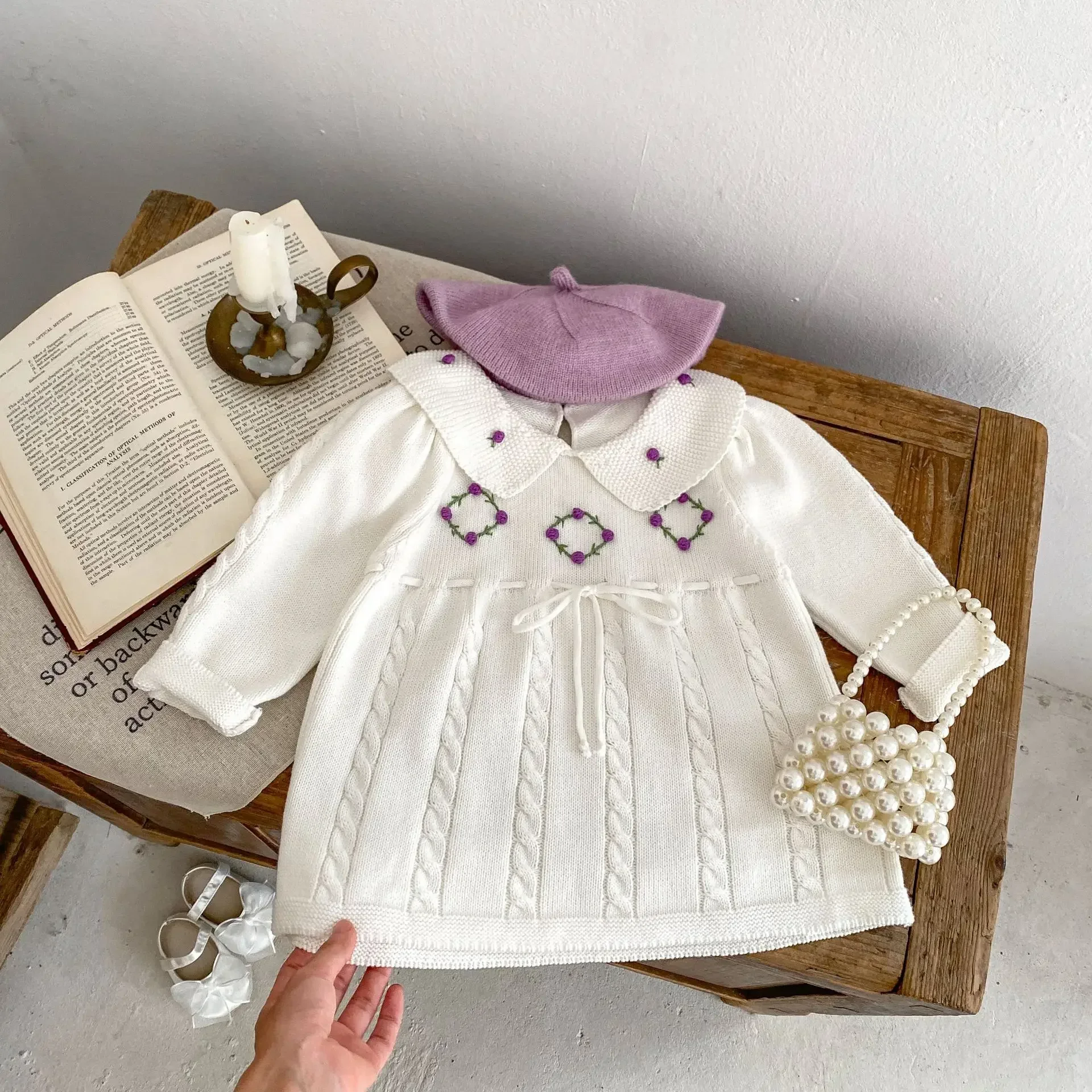 

Dresses Spring New 2024 Children Baby Clothing Ball Knitting Solid Color Skirt Loose Fitting Turn Down Collar Embroidery