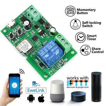 Ewelink 와이파이 RF 스위치 모듈, 자동 잠금, 무선 앱 원격 제어, 알렉사 구글 스마트 홈, DC 5V, 7-32V, 1 채널