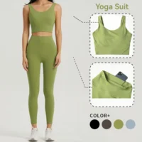 Seamless Yoga Set Women Lycra Gym Clothing Sports Bra Semi-Fixed Cups Workout Tops Anti Rolling Yoga Leggings with Pocket Tights 1