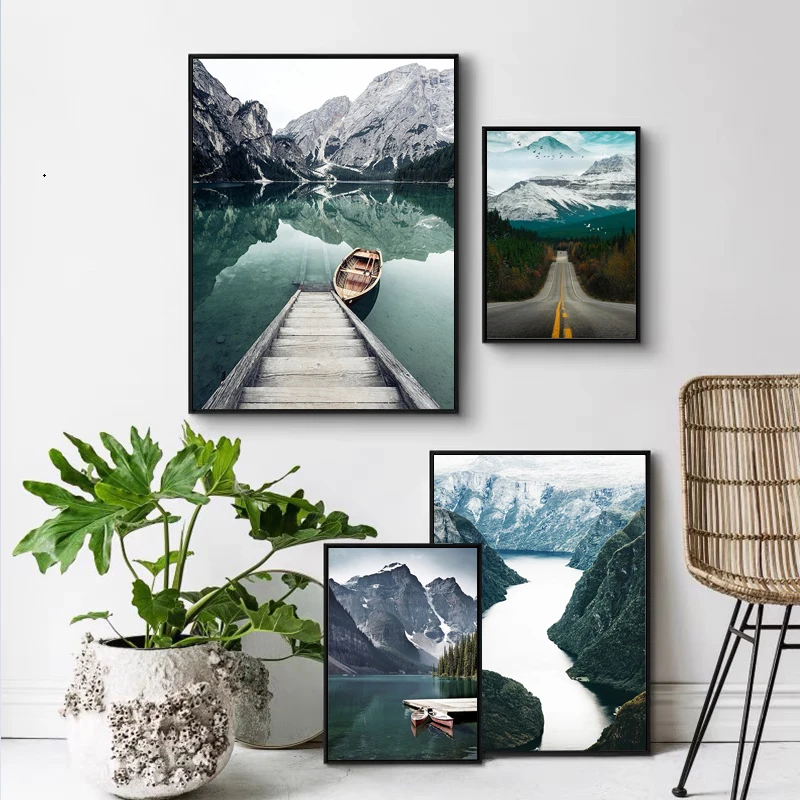 

Leopard Forest Boat Lake Mountain Natural Landscape Poster Nordic Decorative Paintings Canvas Wall Art Pictures Home Room Decor
