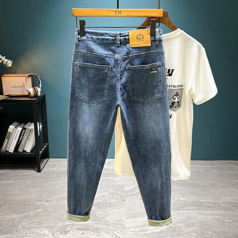 Trendy Printed Embroidered Slim Jeans Men's Summer Thin Stretch Breathable All-Match Casual Micro-Ha Stretch Small Straight-Leg
