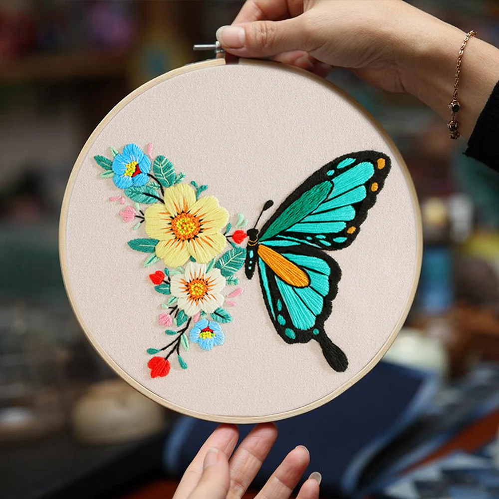 Diy Embroidery Kit for Beginners Adults Complete Hand Embroidery Set with Butterfly Patterns Hoop Cross Stitch Needlework Crafts