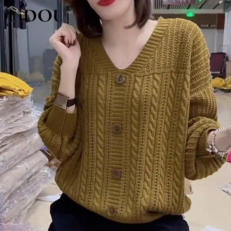 

Autumn Winter New Solid Color Fashion Long Sleeve Sweater Women High Street Casual Loose Button Pullovers Jacquard Weave Tops