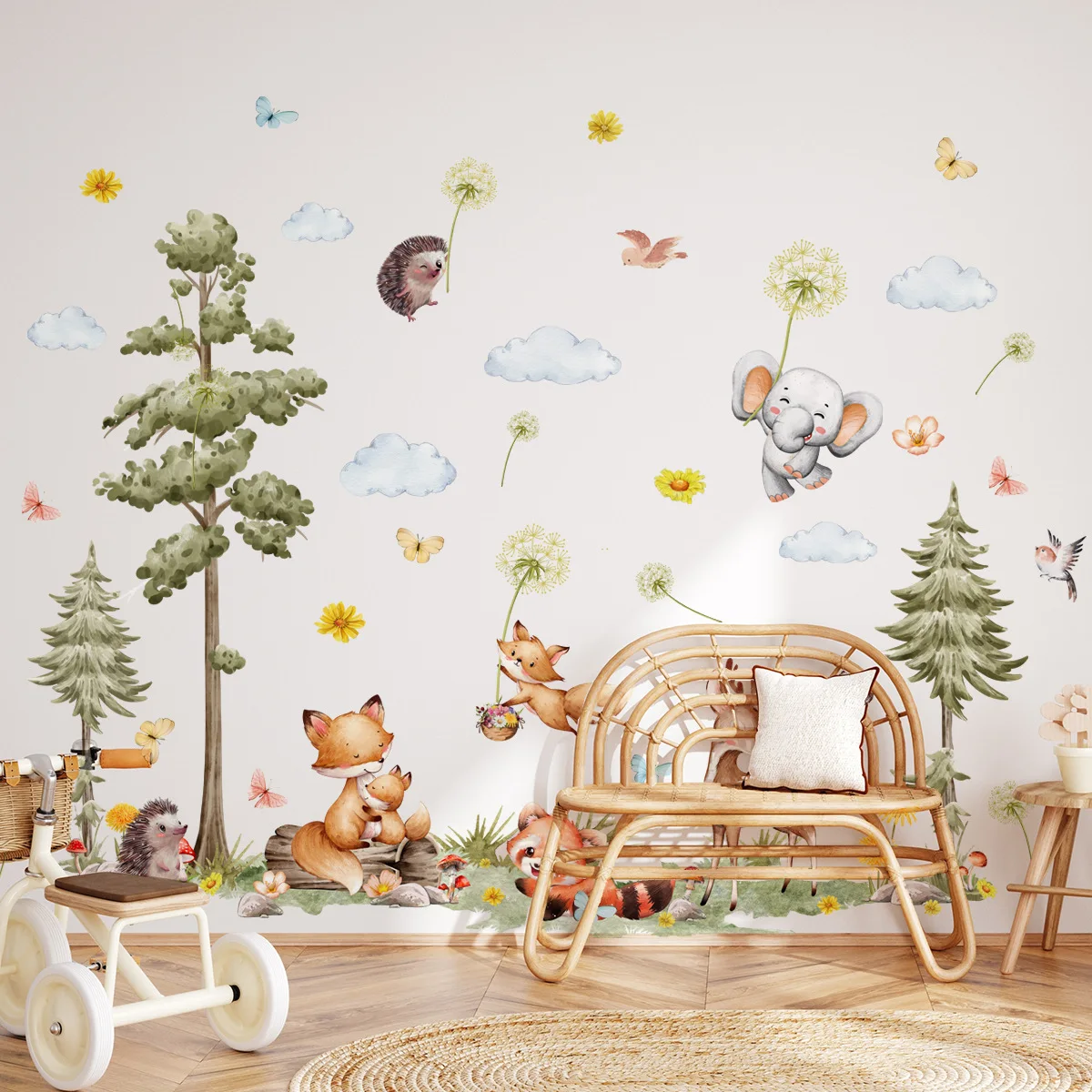 Cartoon Fox Hedgehog Pine Tree Wall Sticker Set Self-Adhesive PVC Decal for Kids' Room Nursery Background Wall