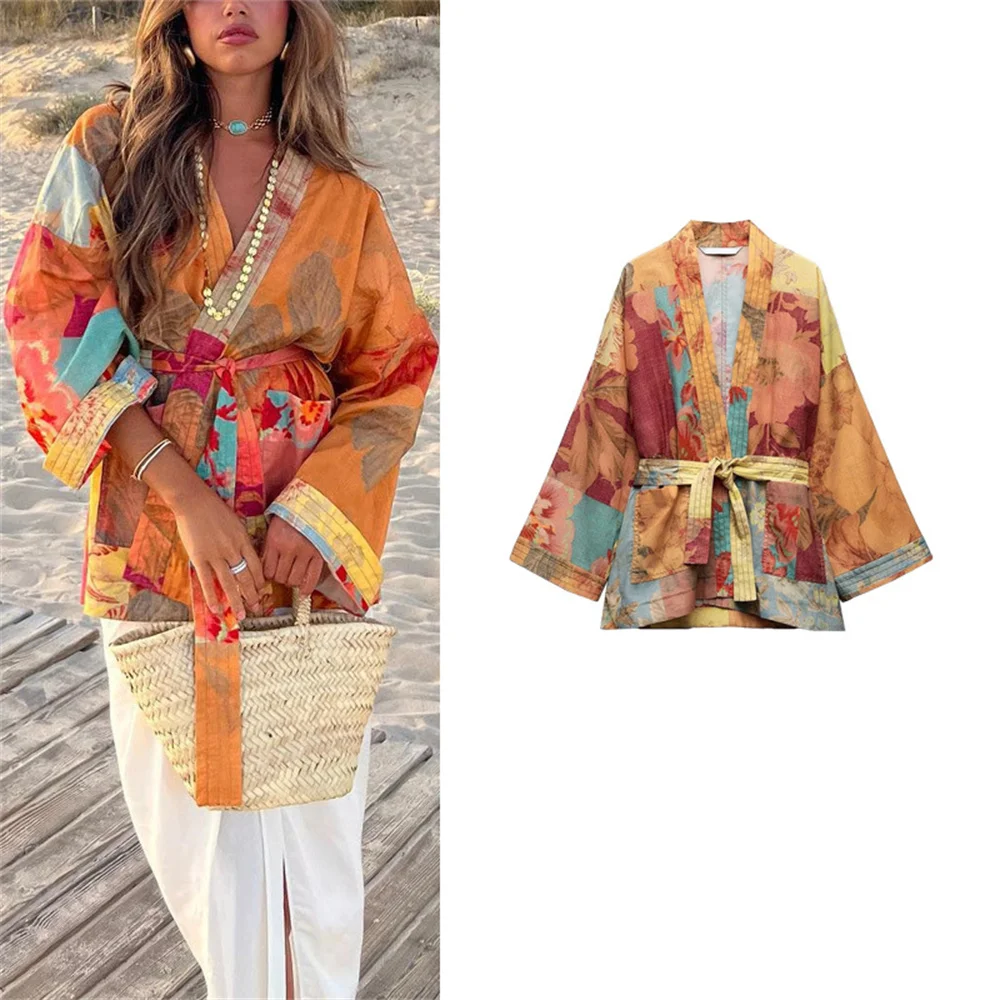 

Women Tie-dye Print Belt Thin Coat Blouse Vintage Loose V Neck Lace Up Long Sleeve Cardigan Female Japan Style Top Outerwear