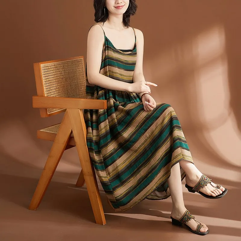 여성용 캐주얼 홀리데이 원피스, 스트라이프 스파게티 스트랩, 느슨한 여성 A 라인 롱 드레스, 해변 스타일, B3568, 2024 여름 신상