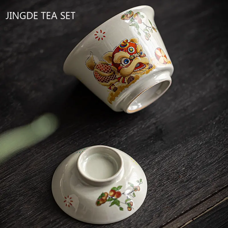 Ceramic Handmade Gaiwan Creative Color Painting Lion Tea Tureen Portable Office Tea Bowl with Cover Teacup Chinese Tea Set