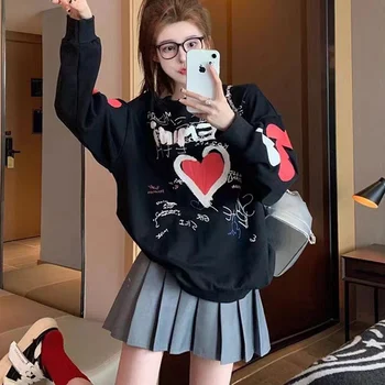Korean Trend Loose Long Sleeve T-Shirts Femme Thick All-match Top Tee Women Clothing Fashionable Printing O-neck Sweatshirts