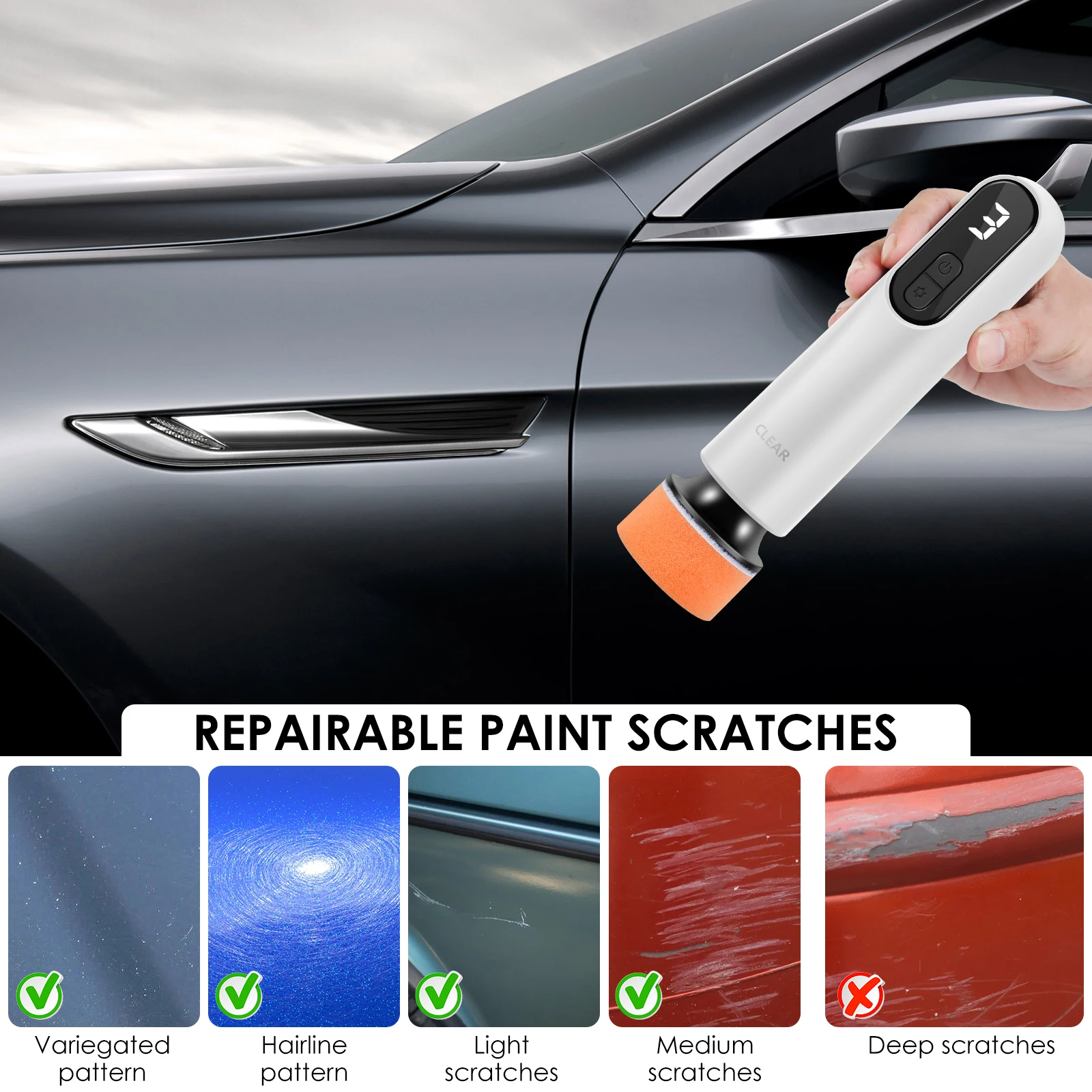 Mini Car Polisher Machine Wireless Handheld Car Waxing Polishing Sanding Machine 3 Adjustable Speeds 12000rpm 2000mah Battery 3
