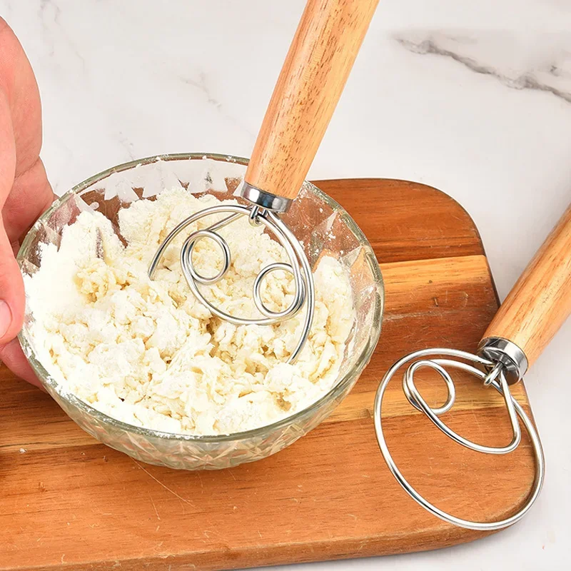 Dough Whisk Danish Stainless Steel Dutch Style Bread Dough Hand Mixer Wooden Handle Kitchen Baking Tools Pastry Blender