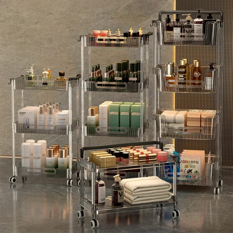 

High-Value Bathroom Shelf Multilayer Mobile Shower Holder Transparent Acrylic Storage Shelves Makeup Organizer with Clamp Cart