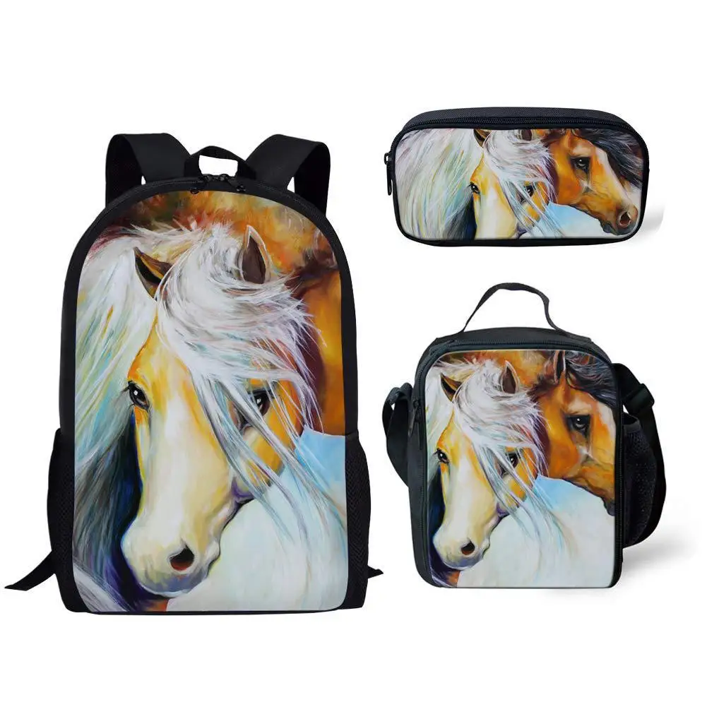 Popular Youthful Broken flower horse 3D Print 3pcs/Set Student Travel bags Laptop Daypack Backpack Lunch Bag Pencil Case