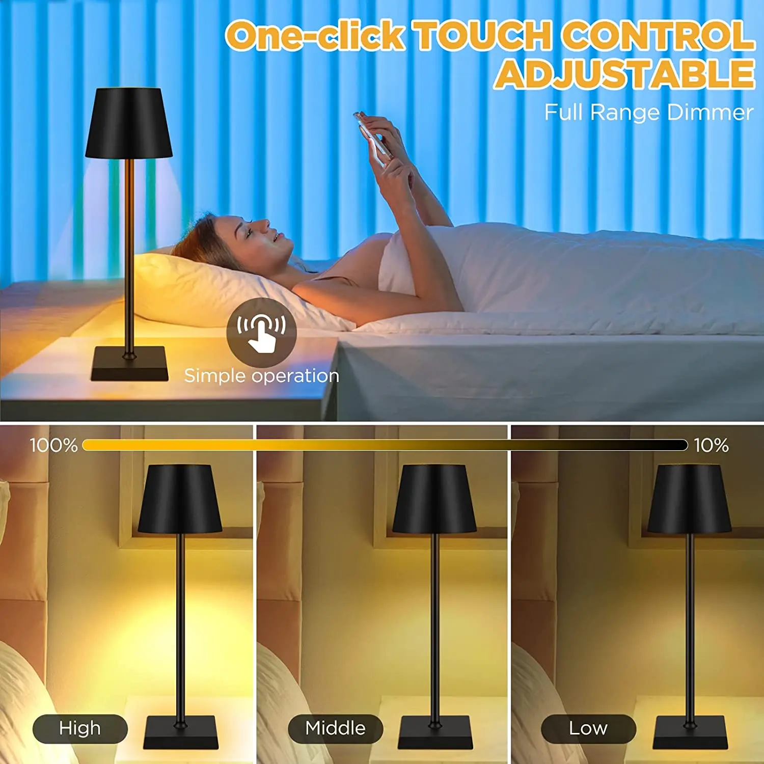 LED 무선 테이블 램프 터치 센서 디밍 침대 옆 램프, USB 충전식 독서등, 바, 레스토랑 장 야간 조명