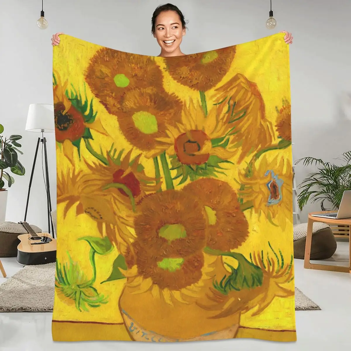 

Van Gogh Flannel Blanket Sunflowers In A Vase Soft Warm Throw Blanket for Couch Chair Sofa Bed Funny Bedspread Sofa Bed Cover