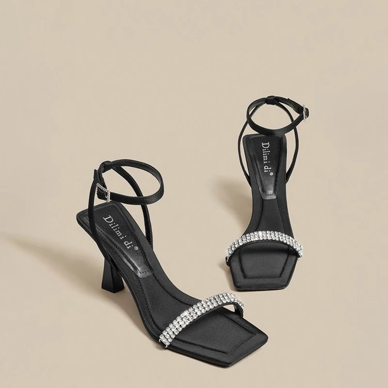 

Summer Sparkly Ankle Strap Sandals Women Rhinestone Bling High-Heeled Sandals Lady Thin Heel Sqaure Toe Sexy Lady Party Shoes