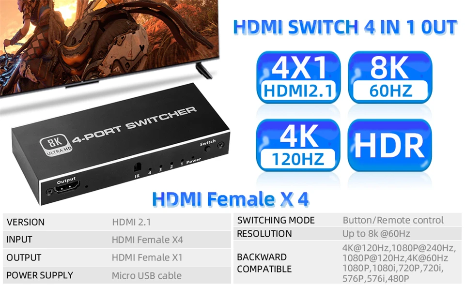 2026 Switcher HDMI 2.1-compatible 4K 120Hz 4 in 1 out 2 in 1 out 8K 60Hz Switch