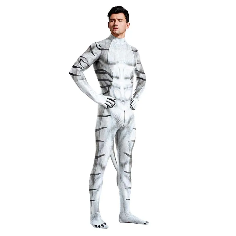 Zawaland Cosplay Animal White Tiger Print with Tail Men Costume Crotch Zip Jumpsuit Zentai Bodysuit Halloween Carnival Clothing