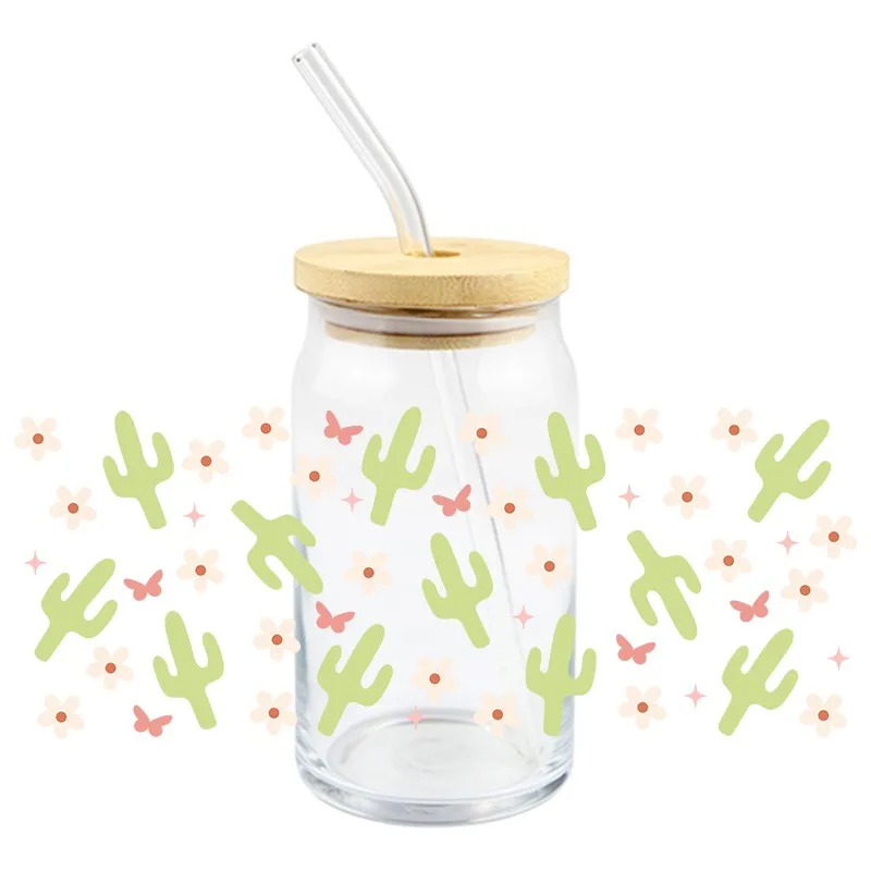 3D UV DTF Wrap Transfer Stickers Plants Cactus Design Colorful Decal Waterproof Wrap For Glasses Cups Mugs DIY Decal